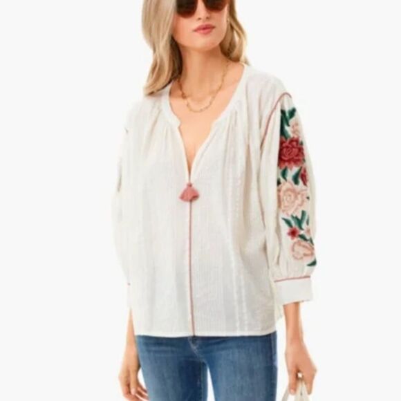 Roller Rabbit Desert Flower Laura Boho Top Off-White Pink Embroidered Size XS - Picture 1 of 13